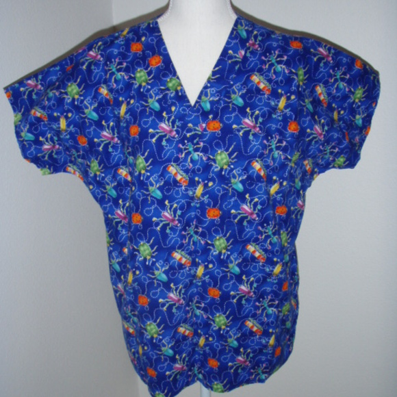 NWOT Bright Blue with Insect Pattern Scrub Top - Picture 2 of 3